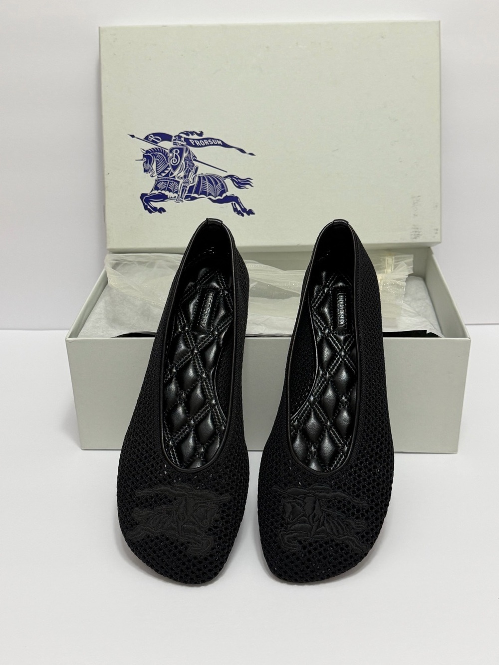 Burberry Black Mesh Ballet Flats EKD Leather Trim Ballerina Square Toe Size 36.5